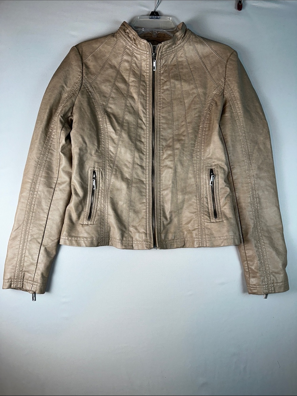 Come Together California Womens Dressy Vegan Leather Biker Jacket Medium Beige